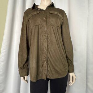 Chicos Buttons Down Blouse Olive Green Faux Suede  Long Sleeves Size 2 (L 12-14)